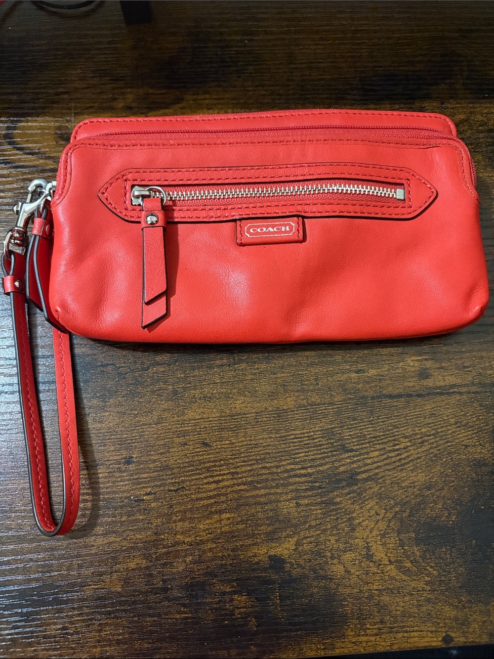 Coach Red Leather Wristlet with Front Zip Pocket
